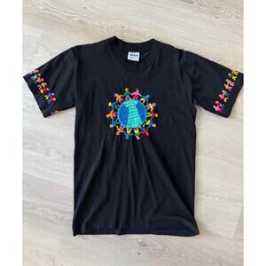 Vintage Large Hand Embroidered Doris Children of the World Black T-Shirt